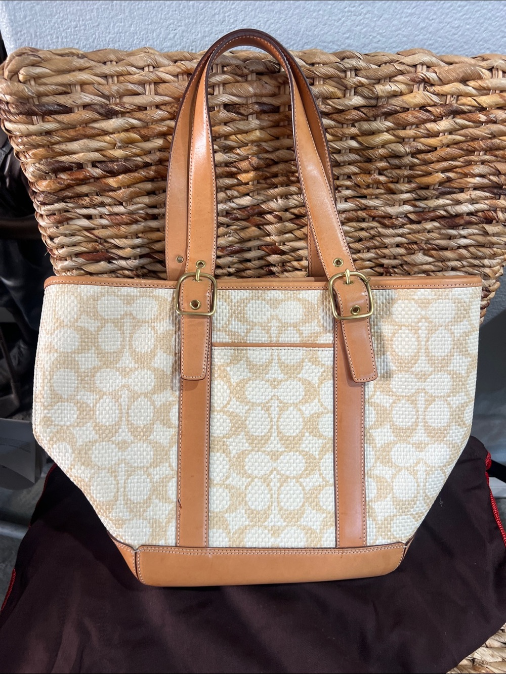 Coach Cream Canvas and Tan Leather Shoulder Tote